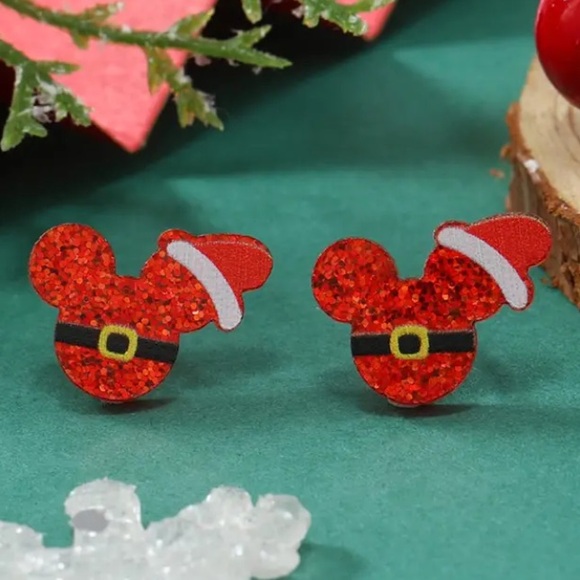Mickey Mouse Santa Red Glitter Acrylic Christmas Holiday Stud Earrings - Picture 1 of 3
